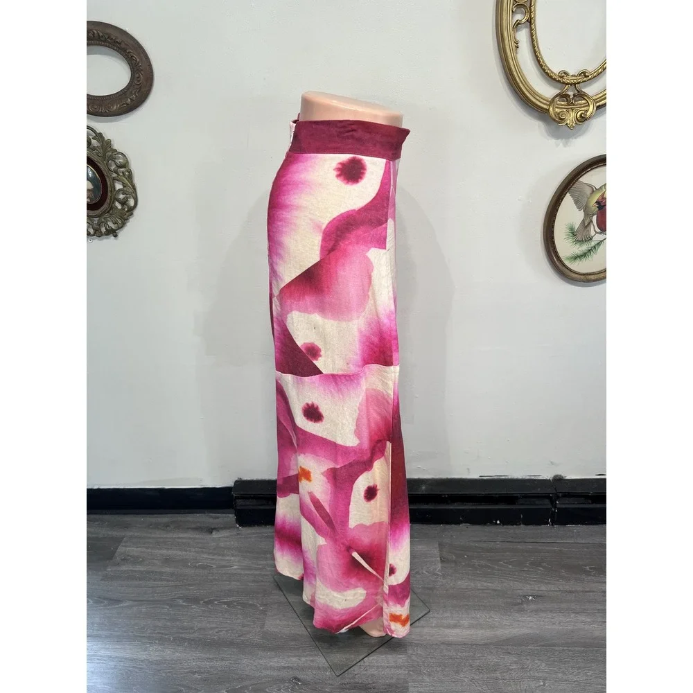 Luagam Pink Floral Abstract Watercolor Print High Slit Midi Skirt Size Small